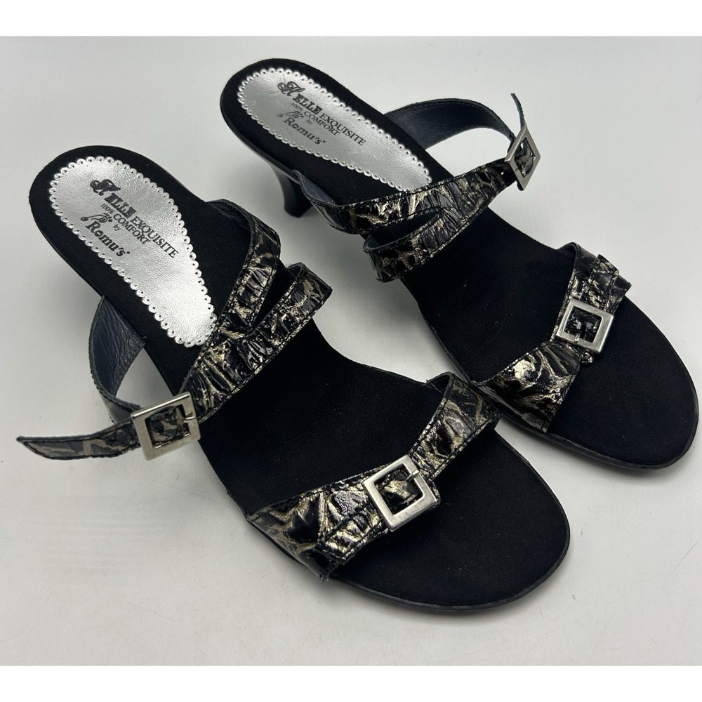 Romus Sandals Heels Women 10 Helle Exquisite 100% Comfort Black EU 41 Animal 3"